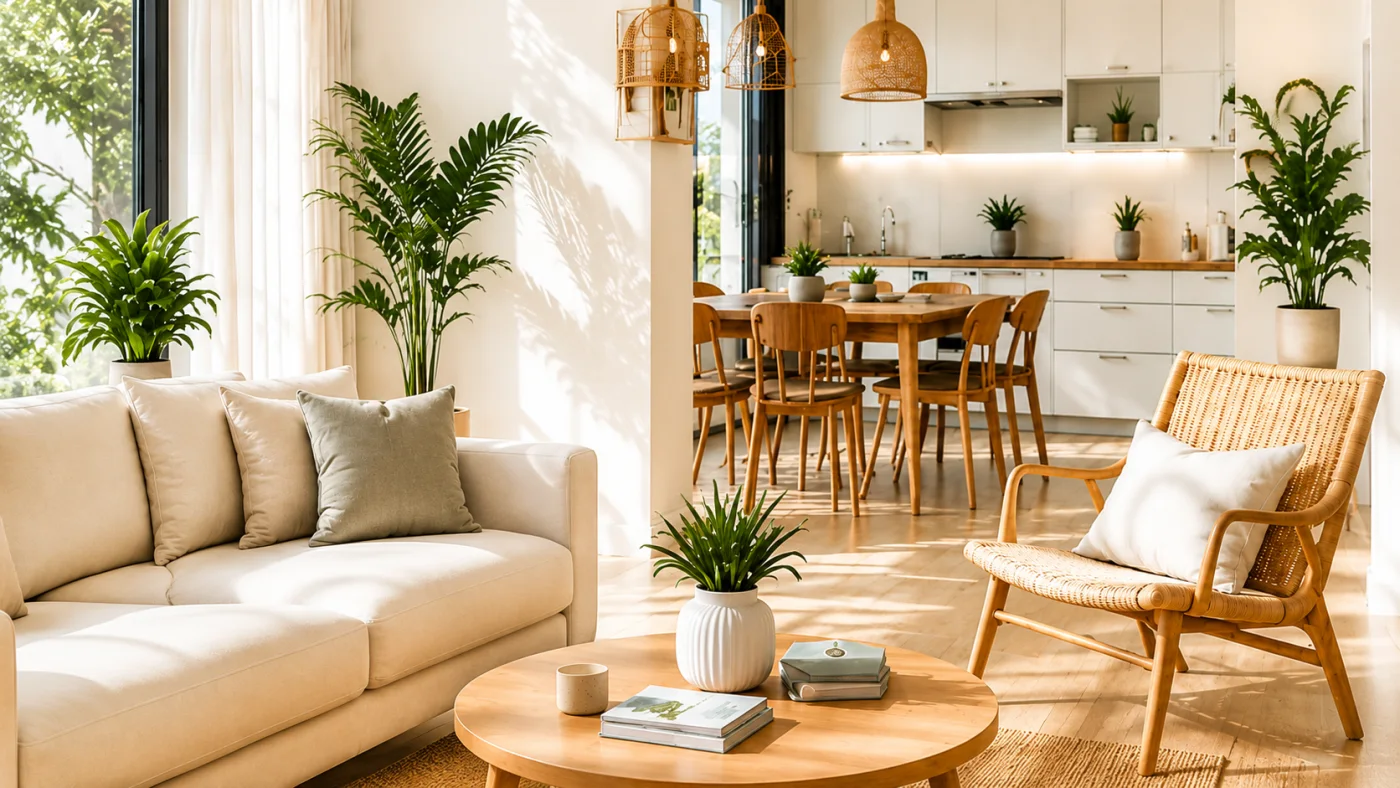 Airbnb living room and kitchen interior bright open plan central Scotland