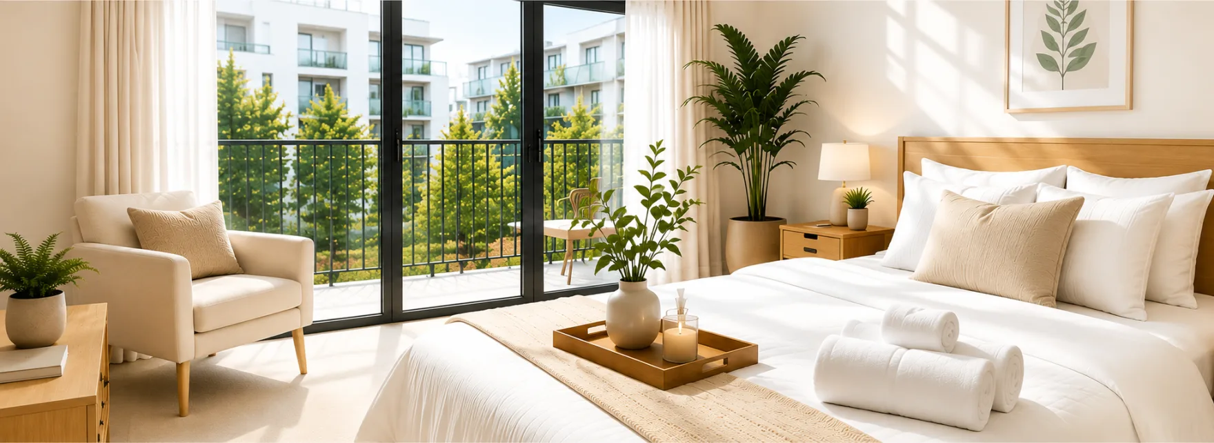 Airbnb bedroom hotel style clean towels folded bright interior